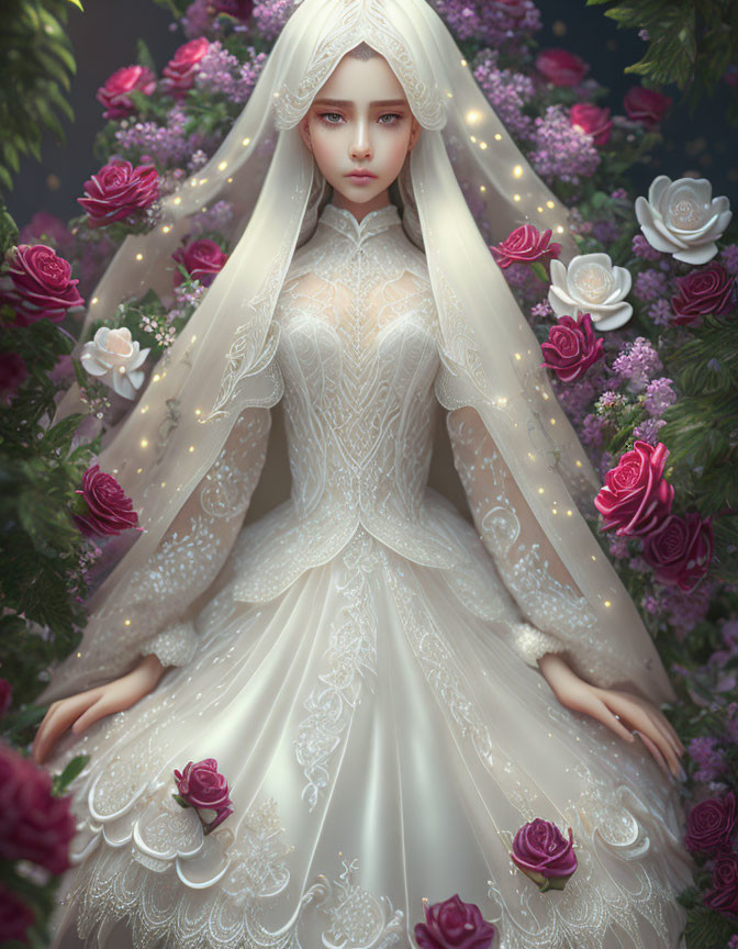 Detailed digital artwork of woman in elegant white wedding gown with veil, surrounded by roses and purple flowers
