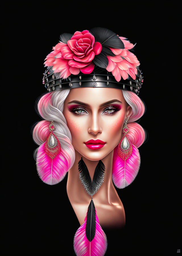 Illustration of woman with silver hair, crown, pink flower, feather earrings on black background