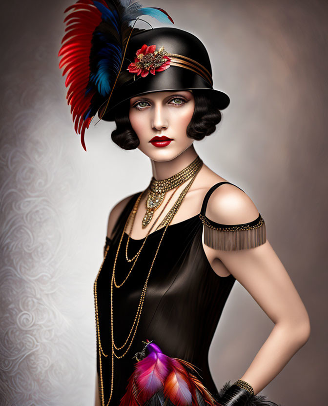 Vintage 1920s fashion: Elegant woman in cloche hat, feathers, red lips, bob