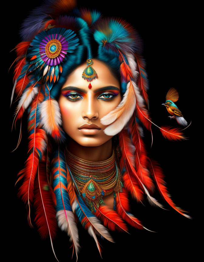 Colorful digital art portrait of a woman with blue and red feathered headdress and traditional jewelry next
