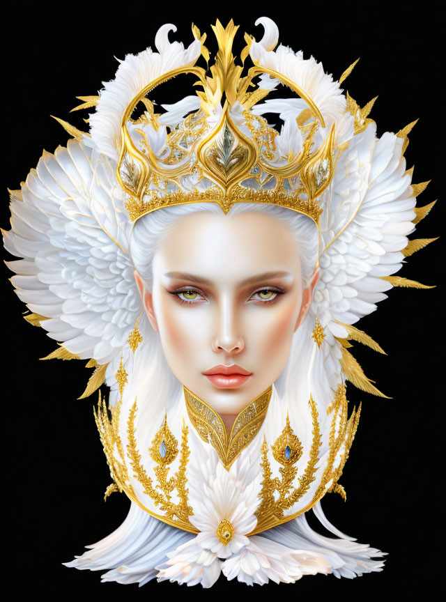 Angel digital artwork: White-winged figure in golden crown and attire on black background
