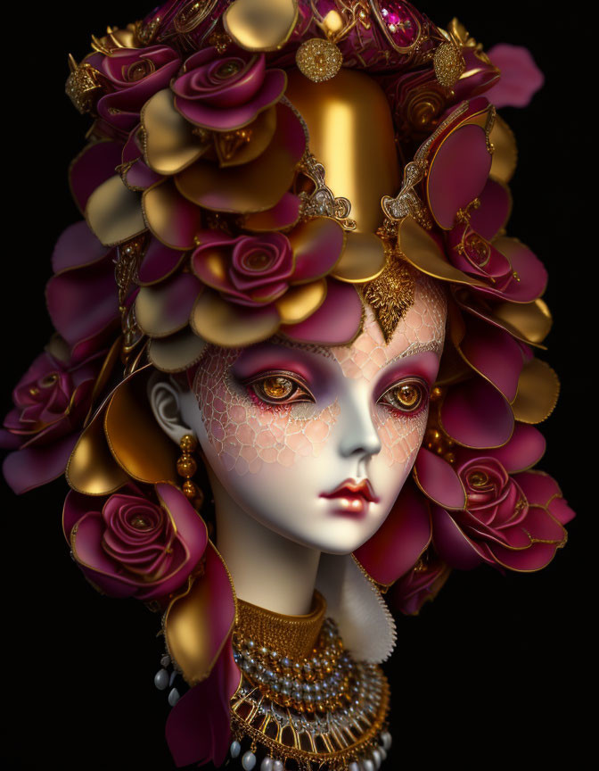 Detailed 3D rendering of woman with golden and maroon rose headdress
