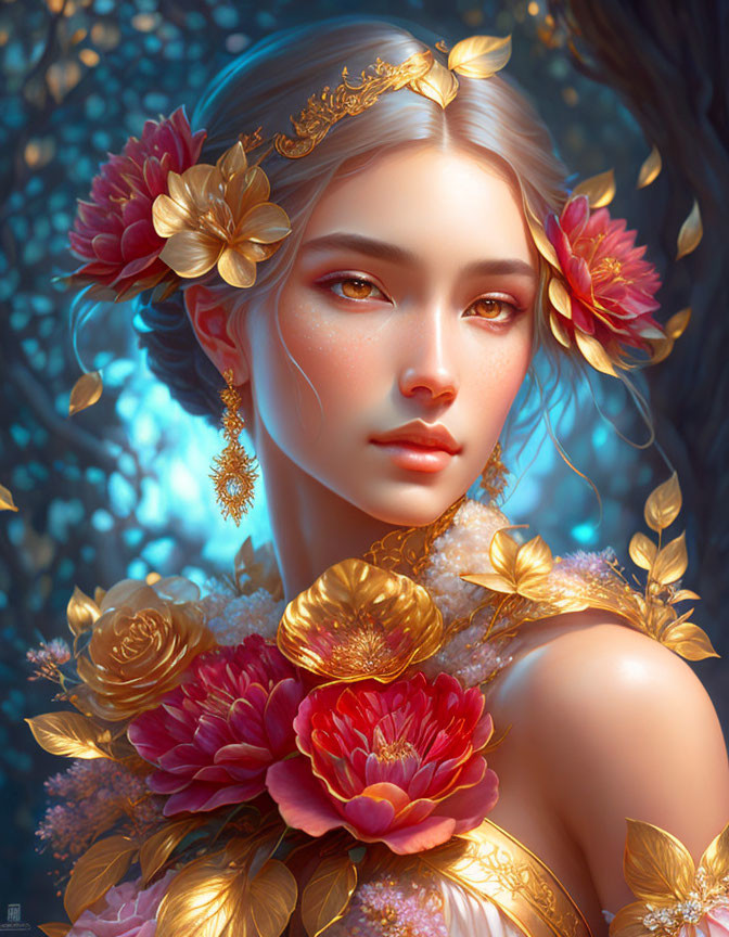 Digital portrait of woman with golden floral accessories and jewelry in serene expression against blue foliage.