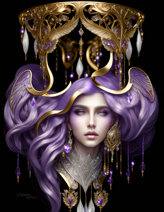 Woman with Violet Hair in Regal Attire Adorned with Gold and Purple Crystals