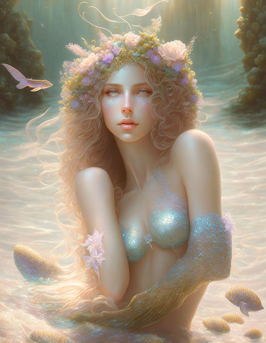 Ethereal woman with floral crown among jellyfish in aquatic scene