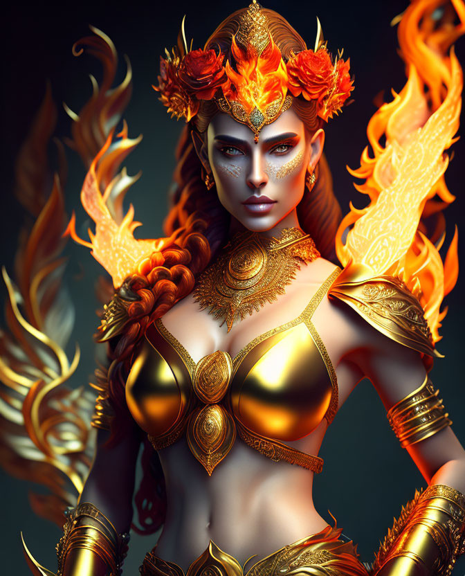 Illustration of woman with fiery orange hair and gold armor, featuring flame motifs