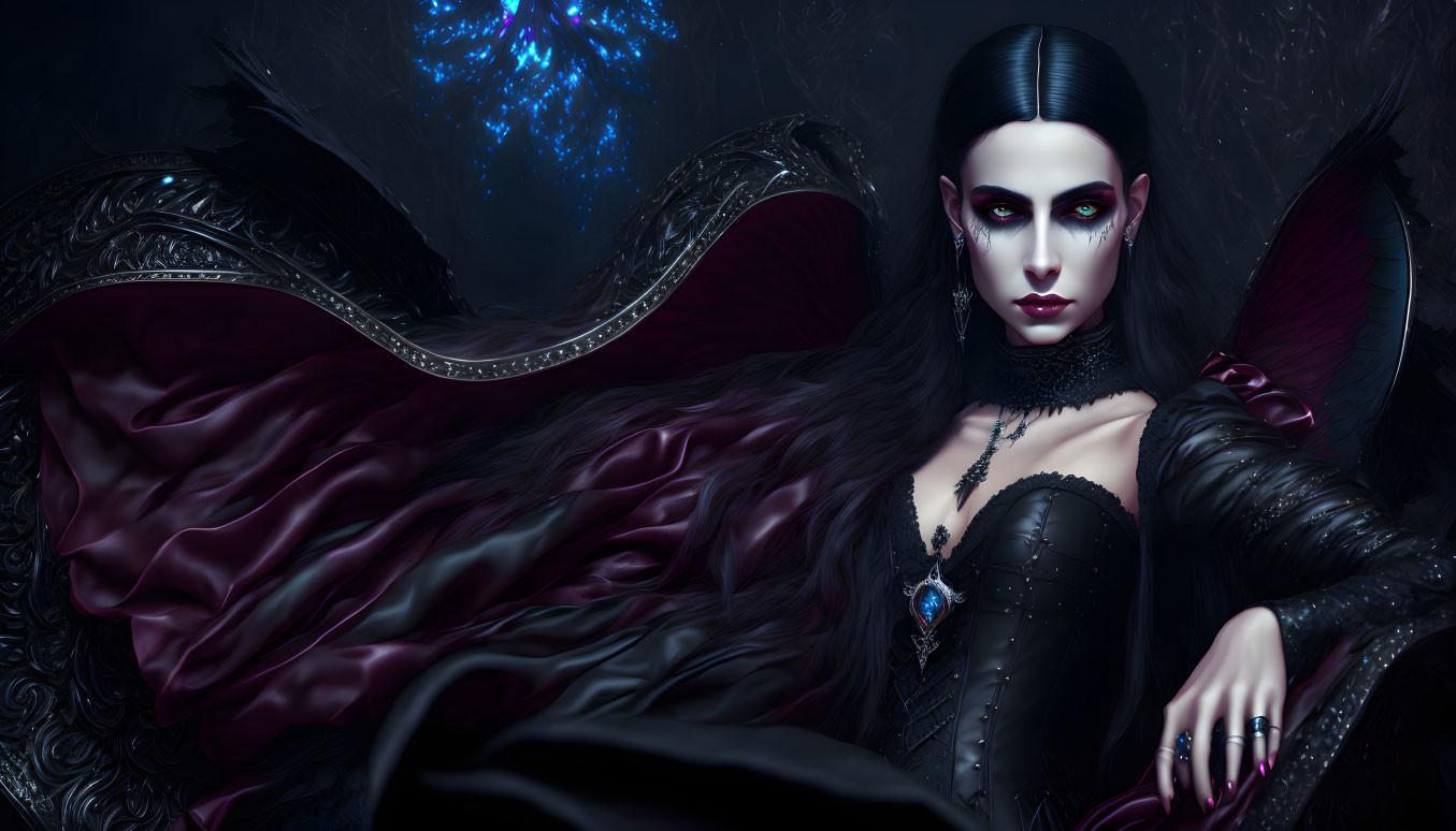 Illustration of gothic vampire woman on throne in red and black garment