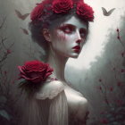 Ethereal woman with rose crown and petal tears in misty vine setting