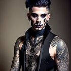 Man with Elaborate Tattoos, Mohawk, Facial Hair, Piercings, Sleeveless