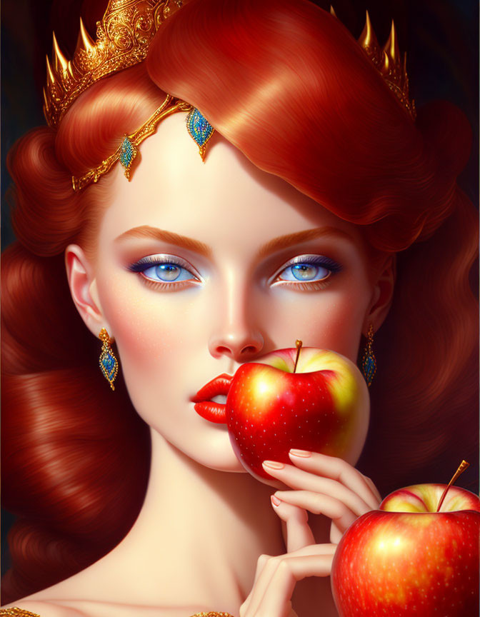 Illustration of woman with blue eyes, red hair, holding apple, golden crown.
