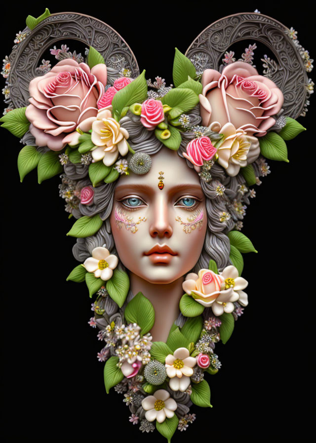 Female face with floral headdress: Roses, leaves, ornate patterns on dark background