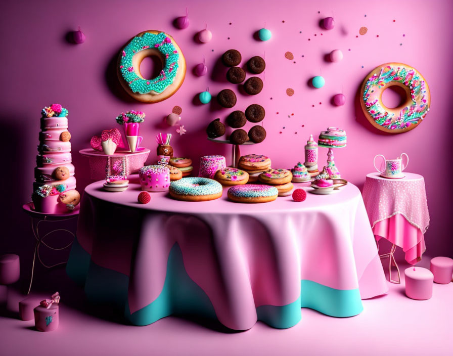 Vibrant dessert table with floating treats on pink backdrop