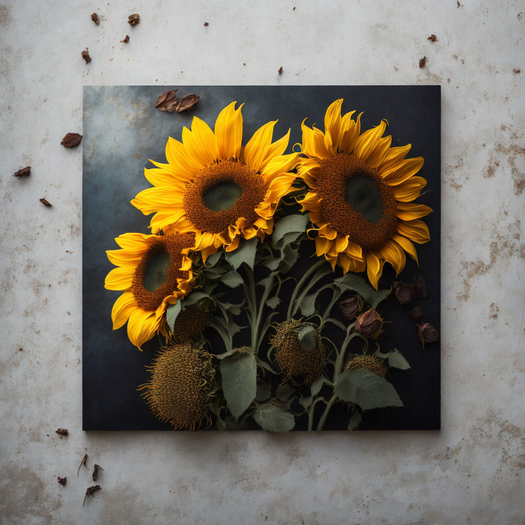 Vibrant sunflowers flat lay on dark surface with scattered leaves and petals