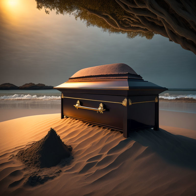 Closed Coffin with Gold Handles on Sandy Terrain Under Tree & Setting Sun