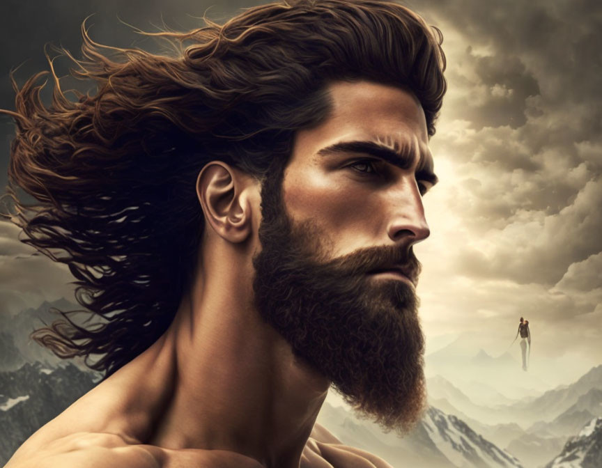 Man with long beard and flowing hair gazing sideways in stormy landscape