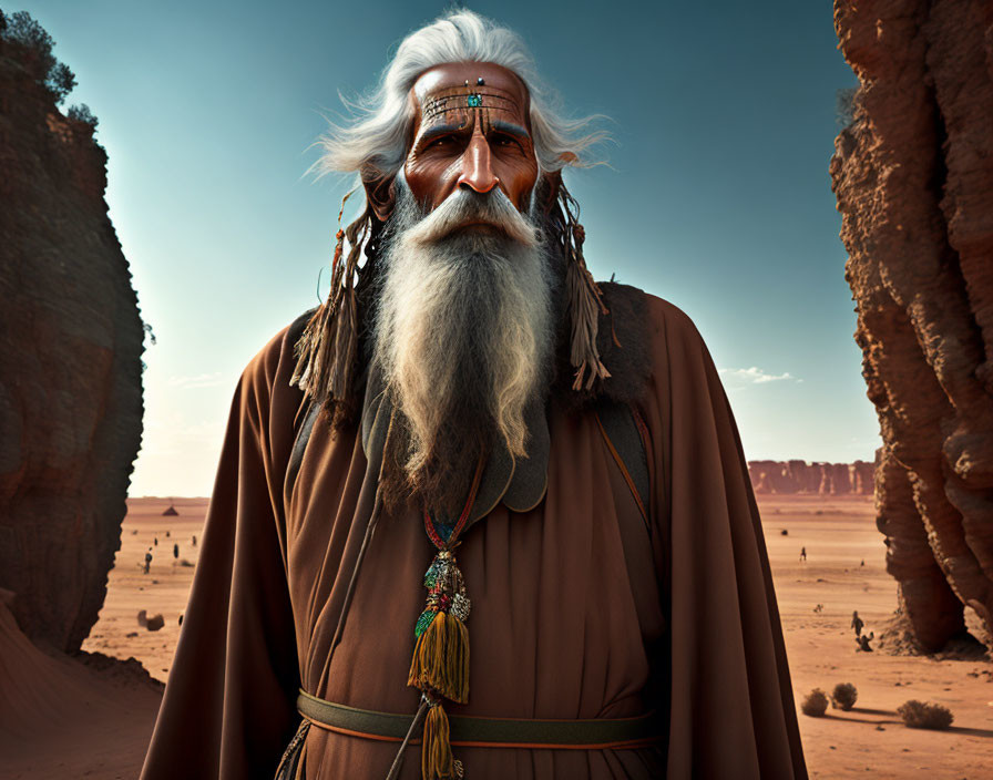Elderly man with white beard and tribal jewelry in desert landscape
