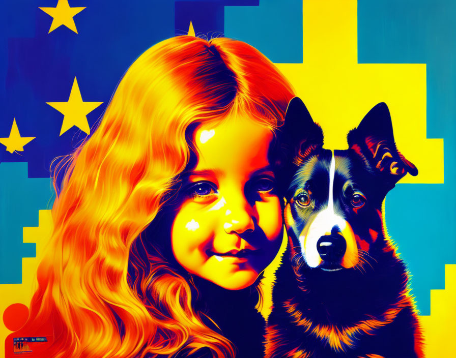Colorful Digital Art: Young Girl and Dog with Geometric Shapes