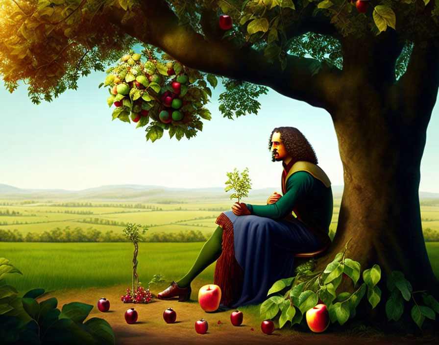 Person sitting under tree with mixed fruits and apples on lush green landscape