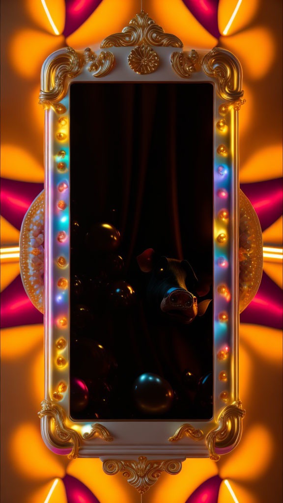 Gold-framed mirror reflecting colorful balloons and plush toy with neon lights