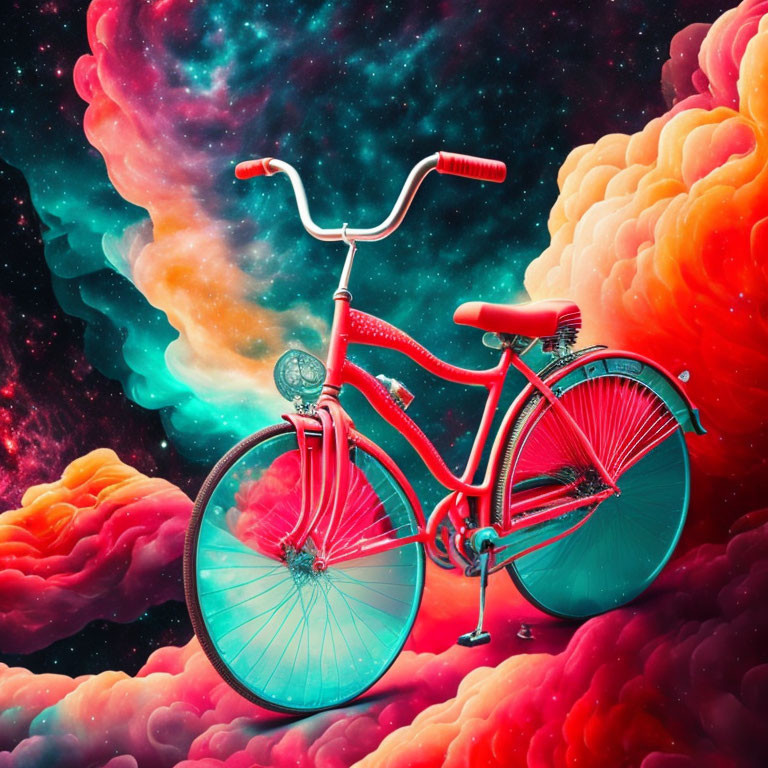 Vibrant red bicycle in surreal cosmic backdrop