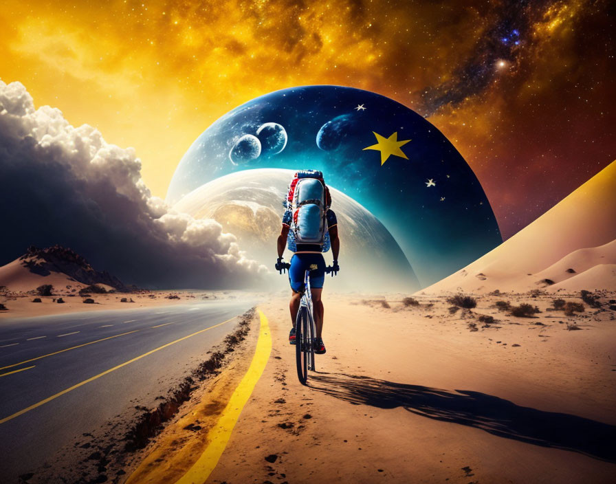 Cyclist with backpack on desert road under surreal cosmic sky