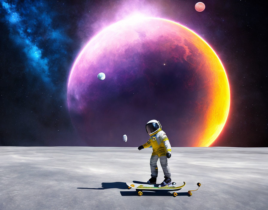 Astronaut skateboarding on moon with purple planet and moons in starry sky