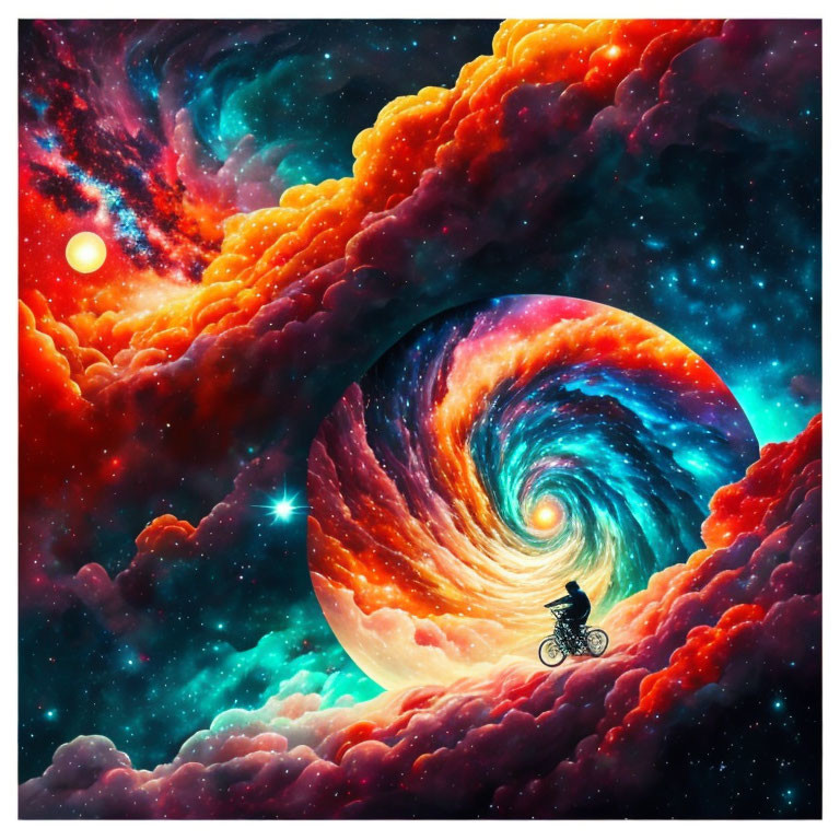 Surreal cosmic illustration of person on bicycle in vibrant galactic swirl