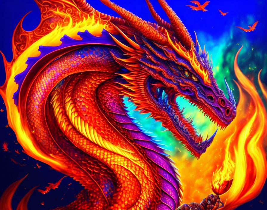 Colorful Dragon Illustration Surrounded by Flames and Birds