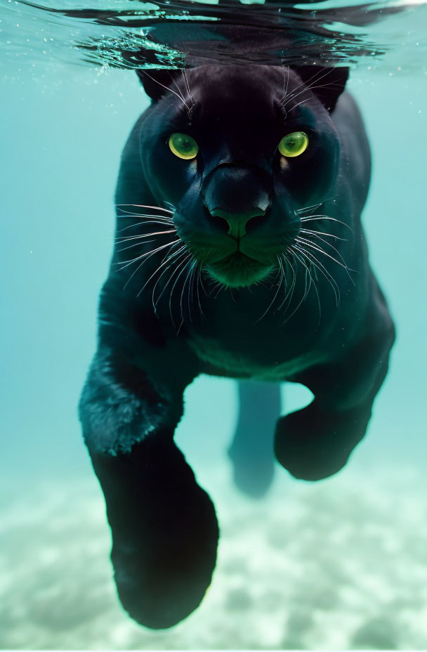 Black Panther Swimming Underwater with Intense Green Eyes