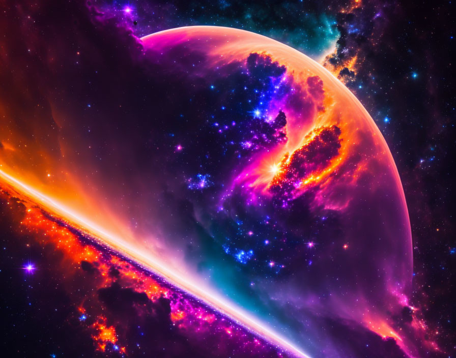 Colorful digital artwork: Fiery crescent planet in starry nebula