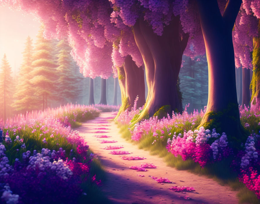 Blooming cherry trees and purple flowers on dreamy path