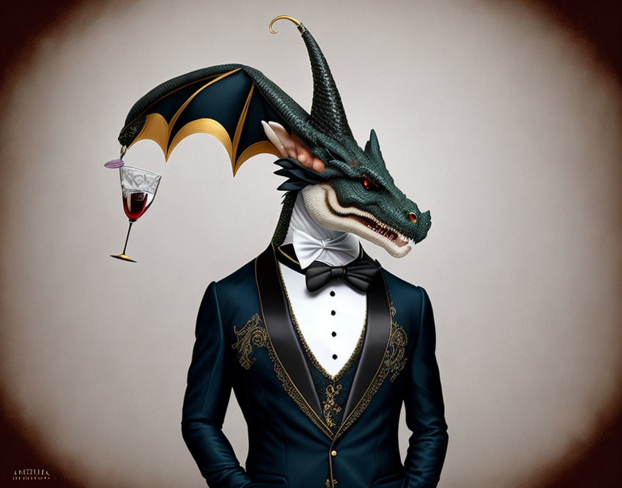 Dragon-headed humanoid in suit with red wine glass wing