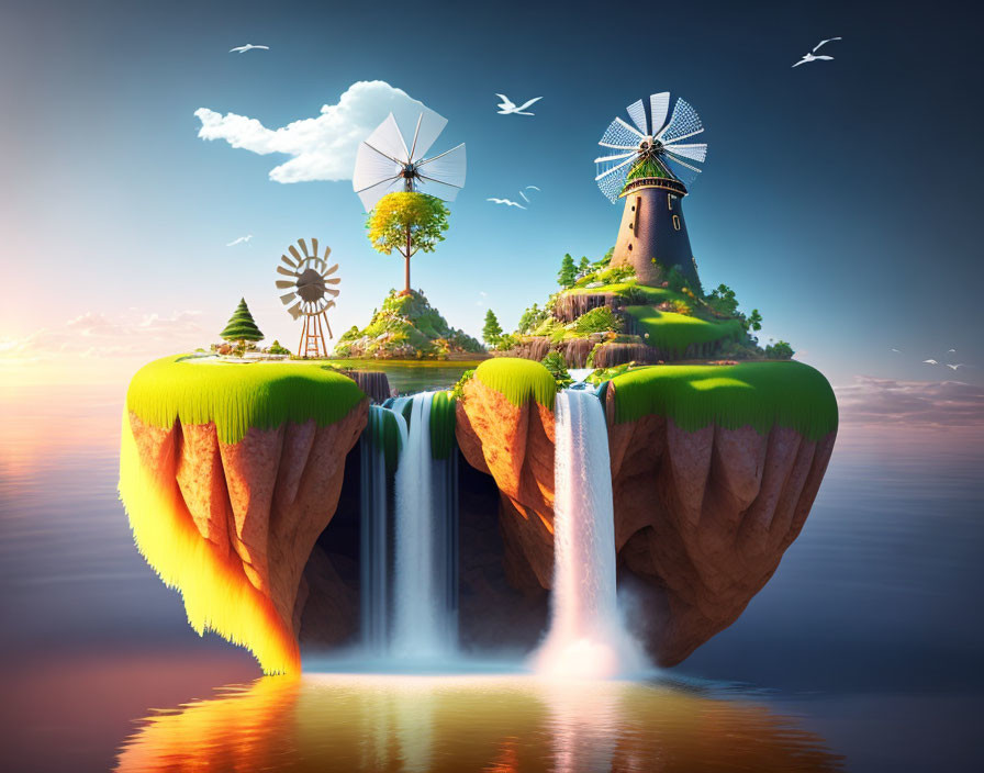 Scenic floating island with waterfalls, windmills, lush greenery, and birds at sunset