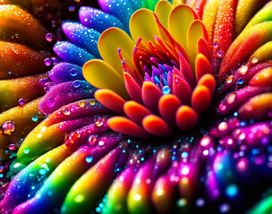 Colorful Rainbow Flower Close-Up with Water Droplets