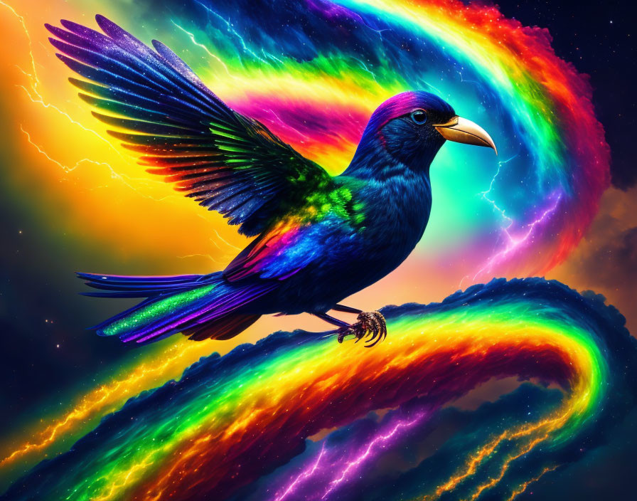 Colorful Bird Flying in Psychedelic Neon Rainbow Scene