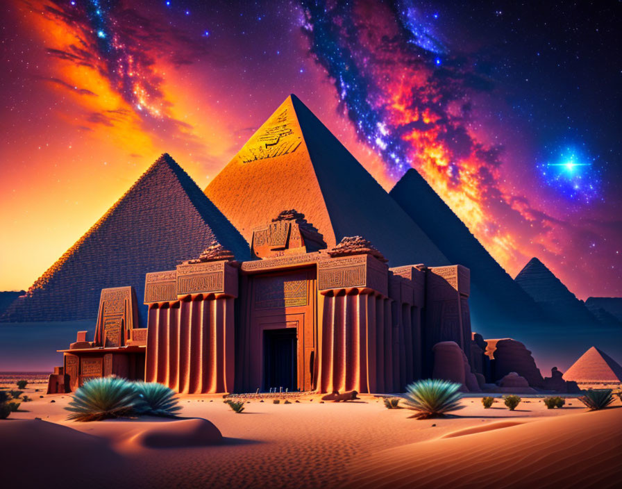 Vibrant night scene of Egyptian pyramids under starry sky