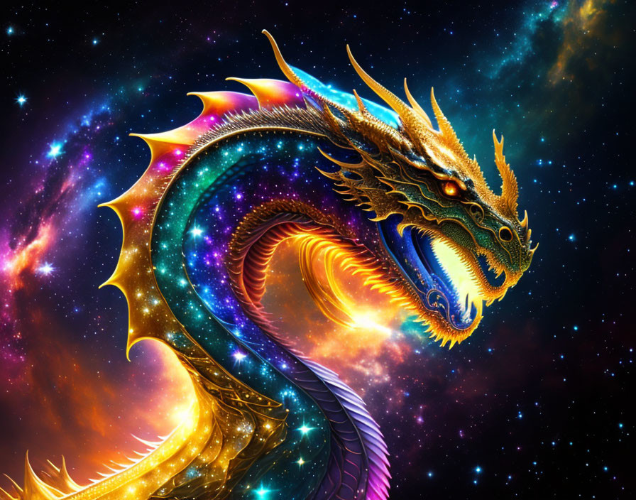 Mythical dragon illustration with ornate scales on cosmic backdrop