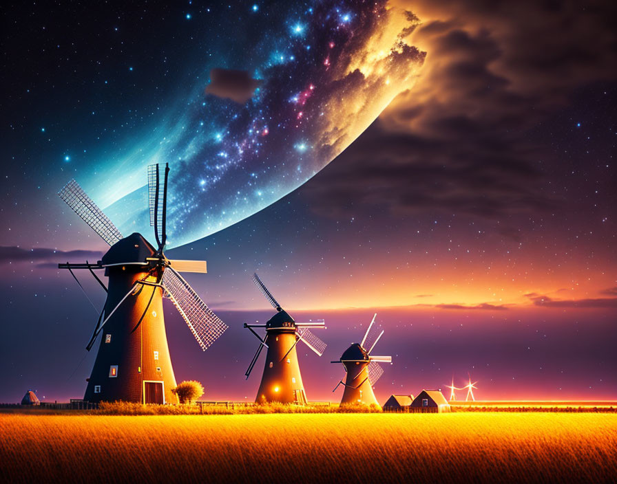 Nighttime field with three windmills and surreal galaxy backdrop