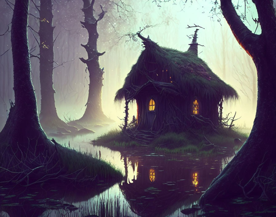 Thatched Roof Cottage in Misty Forest with Pond Reflections