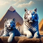 White tigers by Egyptian pyramids under blue sky
