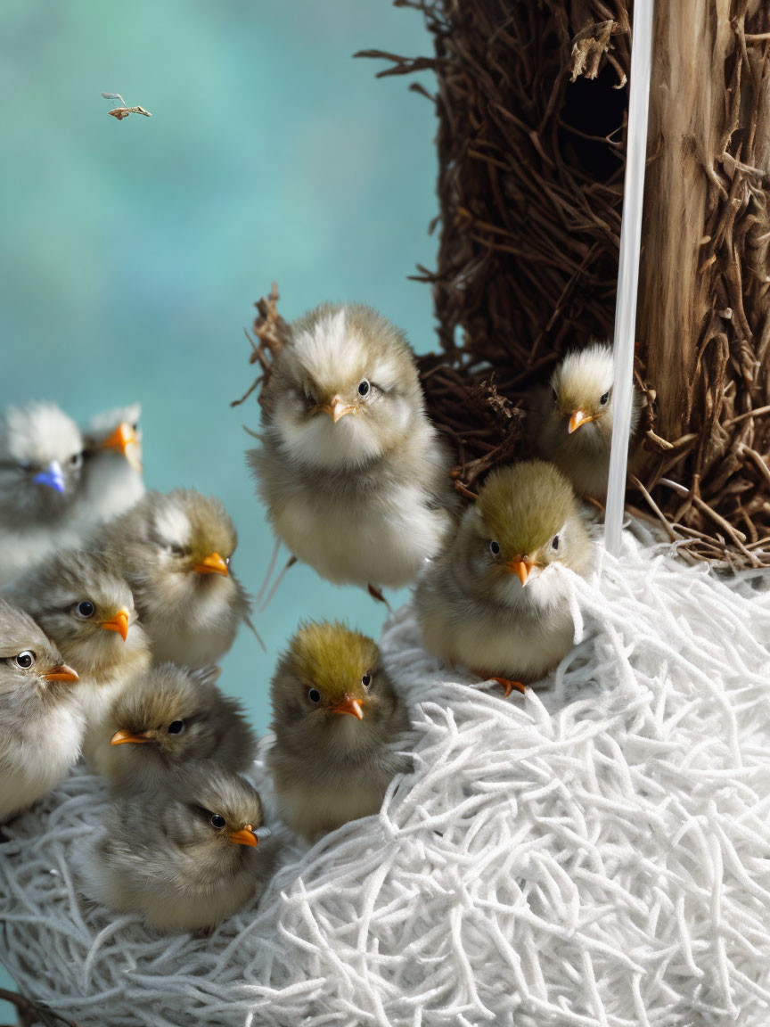 Fluffy chicks near nest on branch, soft blue background