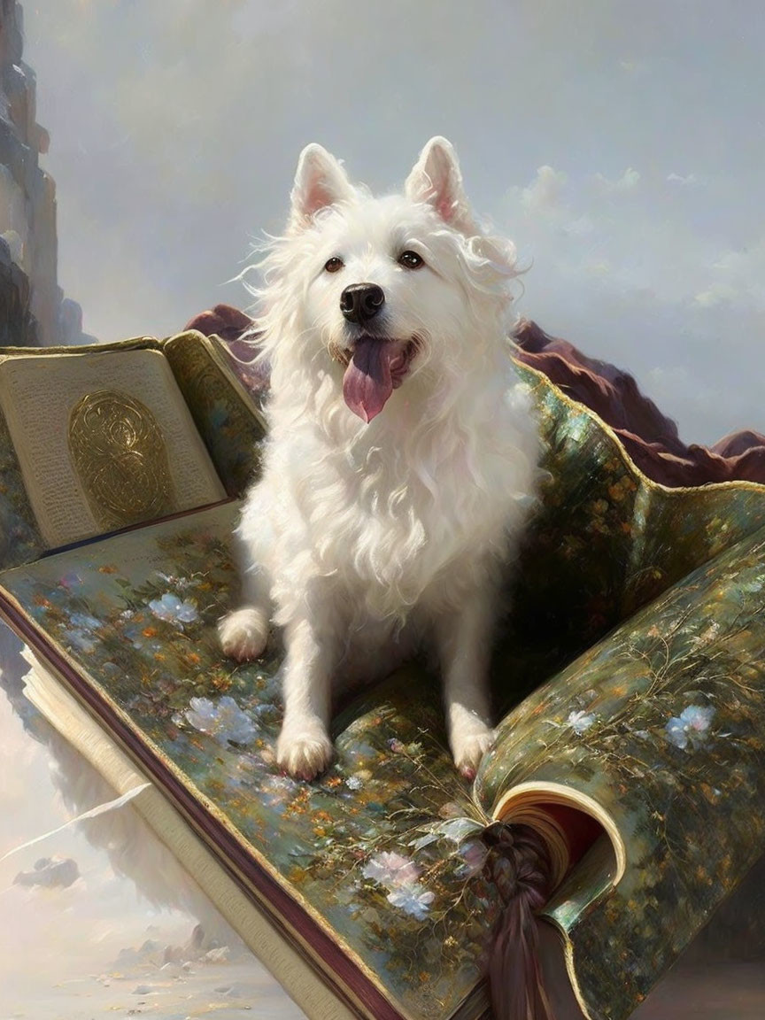 Fluffy White Dog on Ornate Book with Golden Detailing
