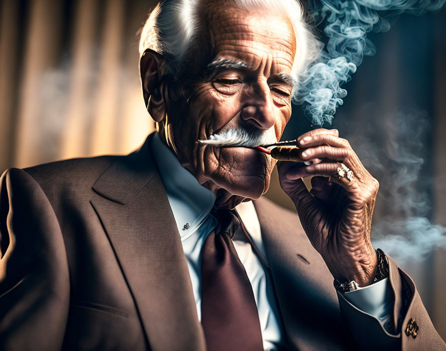 Sophisticated elderly man smoking pipe in warmly lit room