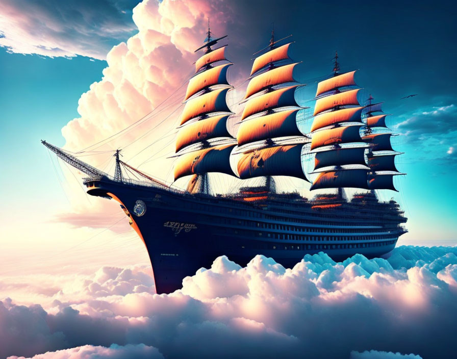 Large sailing ship with multiple masts and billowing sails on serene blue sky.