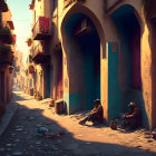 Urban Morning Scene: Sunlit Alley with People in Warm Clothes