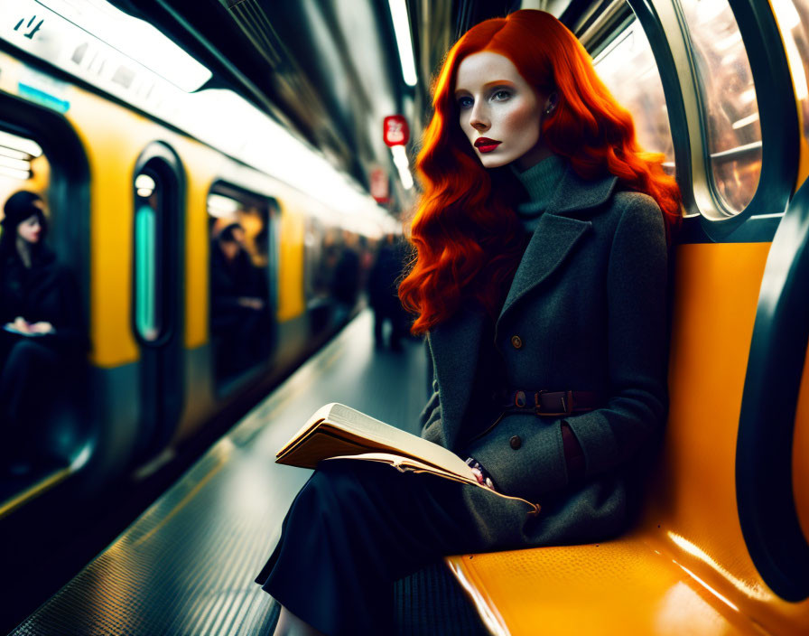 Red-haired woman reading book in subway car with green coat and passengers in background