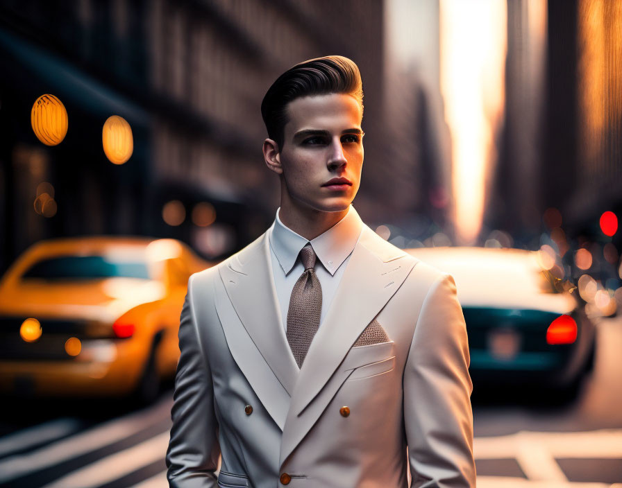 Confident man in white suit on city street at golden hour