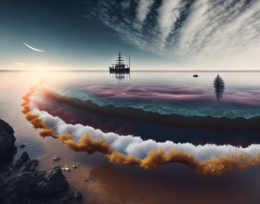 Surreal seascape featuring ship, coral, moon, and gradient sky
