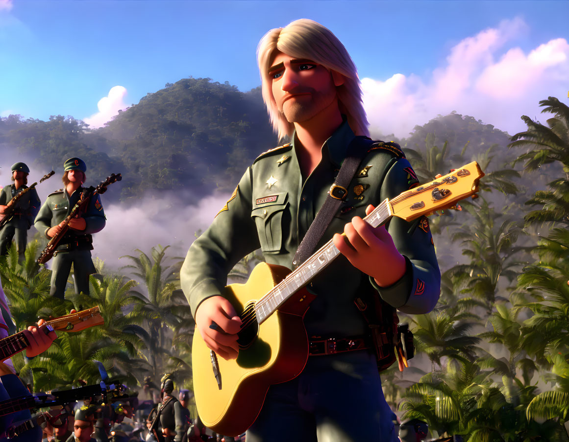 Animated musician in military attire playing guitar with band in tropical scenery