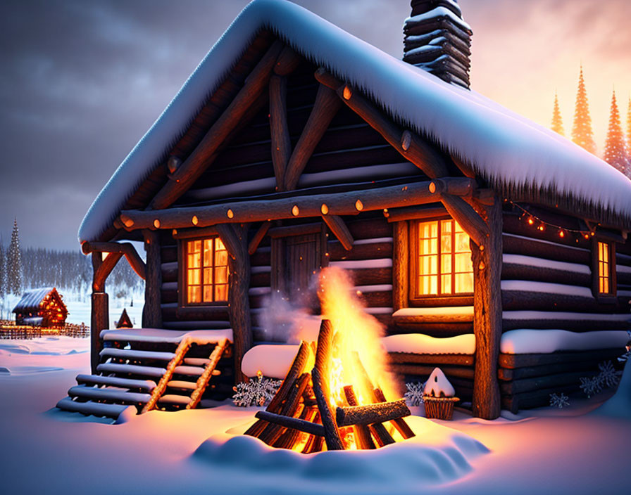 Snow-covered wooden cabin with lit windows and bonfire in twilight